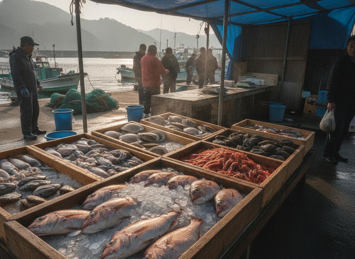 Fresh seafood at a Japanese harbor market with golden eye snapper