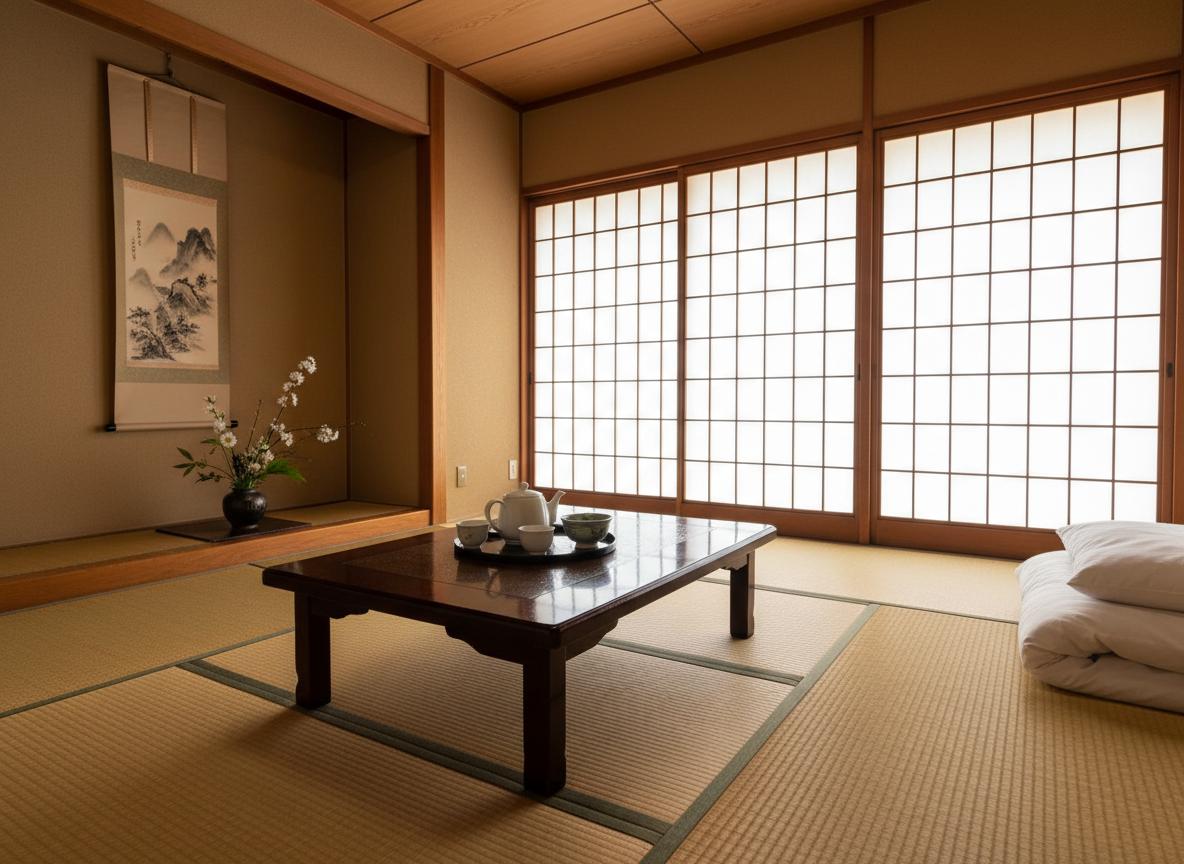 Traditional Japanese ryokan room with tatami mats and shoji doors