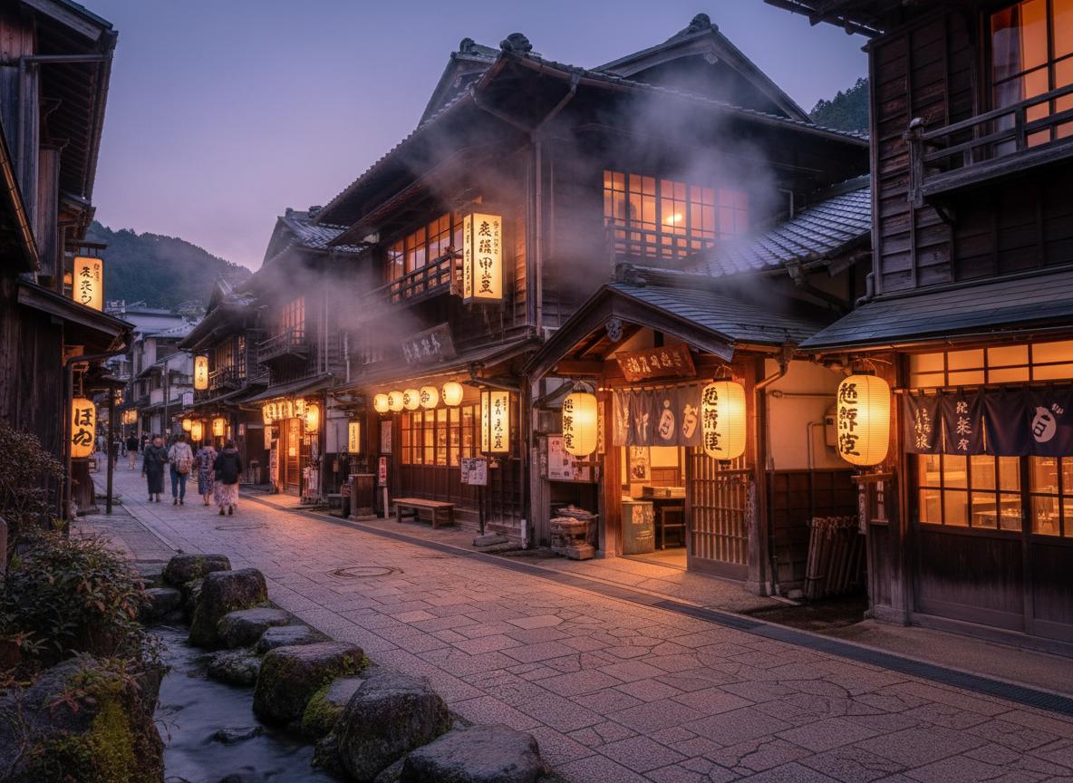 Steam rising from traditional onsen bathhouse in a Japanese town