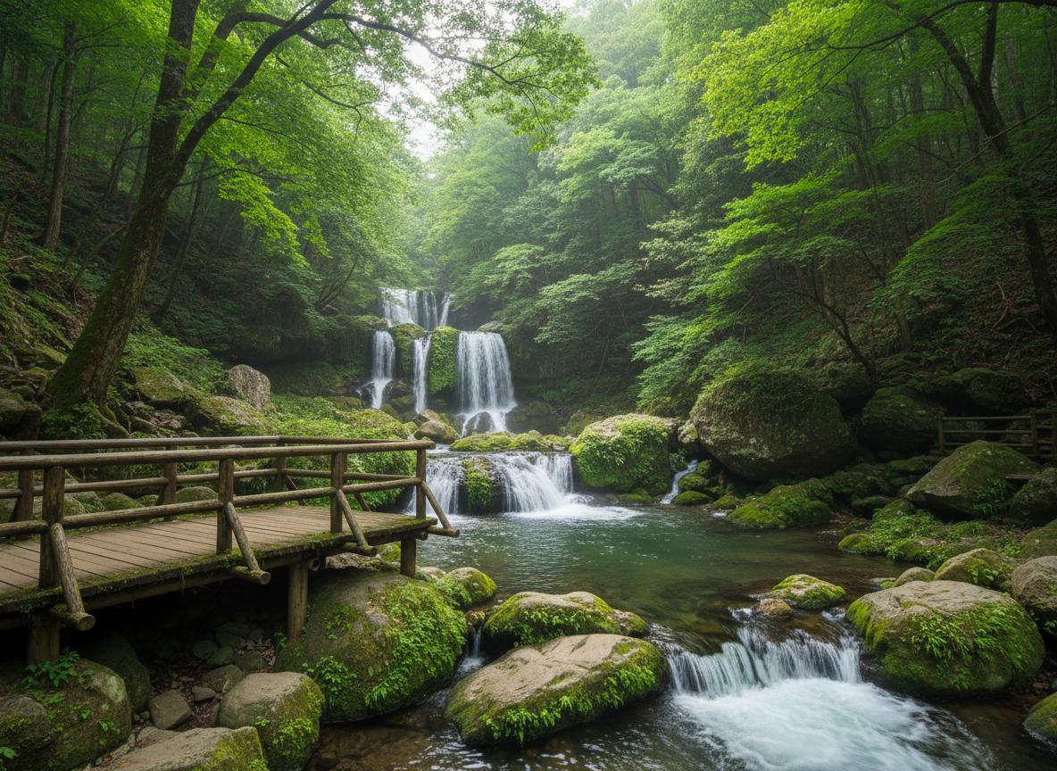 Beautiful waterfall trail through lush green forest in Izu