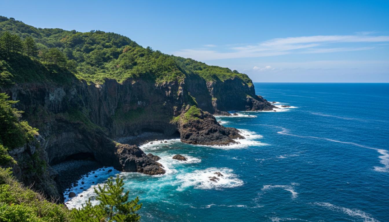 Jogasaki Coast dramatic volcanic cliffs and turquoise Pacific Ocean on the Izu Peninsula
